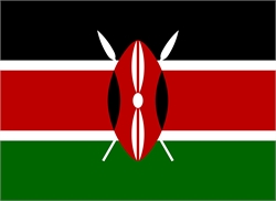 [ai] The national flag of Kenya featuring horizontal stripes of black, red, and green. A red and black shield is centered on the flag, flanked by two white crossed spears.